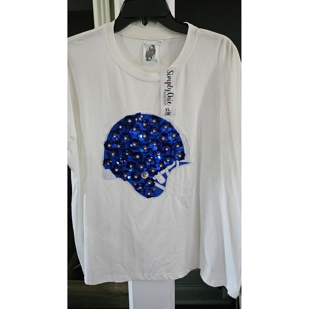 NWT Queen of Sparkles White Royal Blue Sequin Flower Football Helmet T-Shirt XL